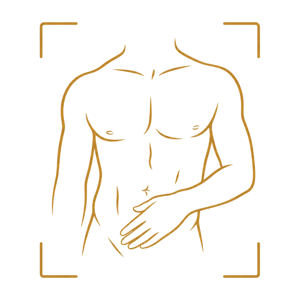 Gold line-art icon of a male torso and hand, representing bodyscape and detail photography.
