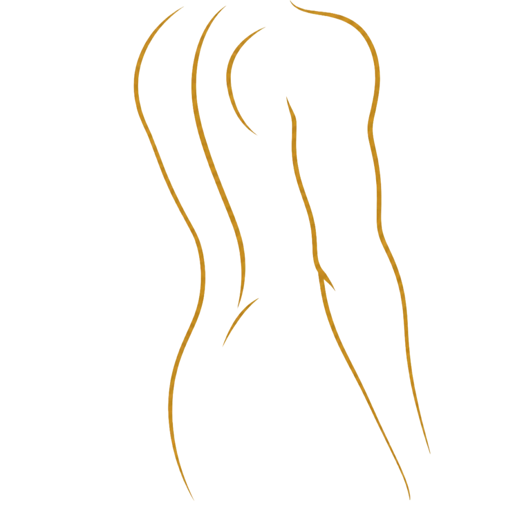 Gold line-art bodyscape icon showing an abstract rear torso and hip contour on a transparent background.