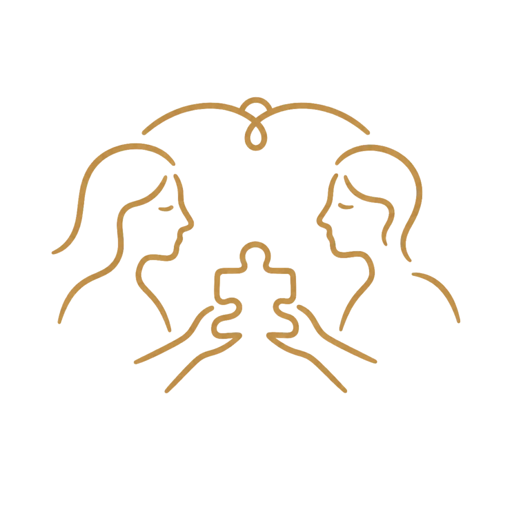 Gold line-art icon showing two people holding puzzle pieces together, representing collaboration in modeling and photography.