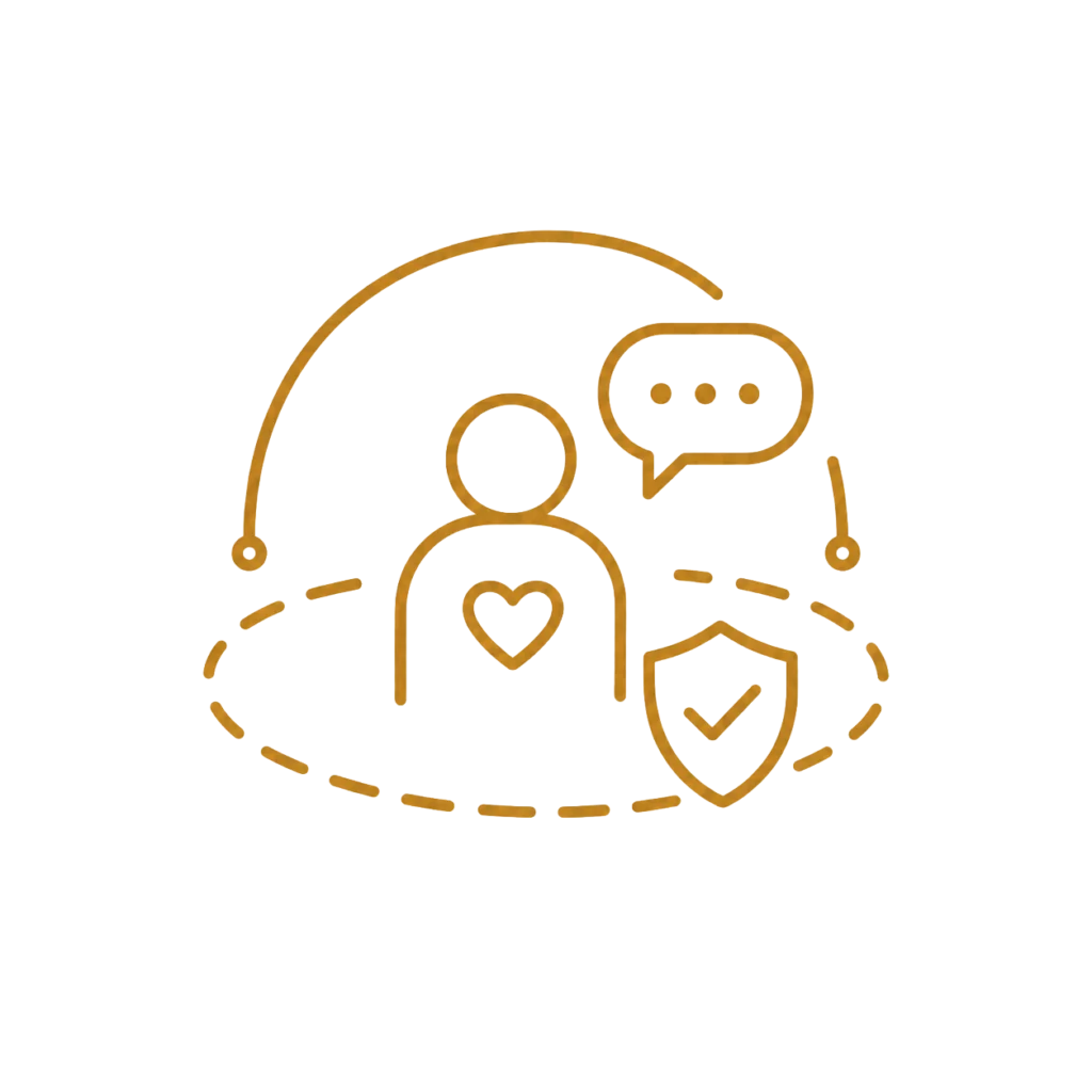 Abstract gold line icon showing a person with a heart, speech bubble, and shield inside a protective boundary on a transparent background.