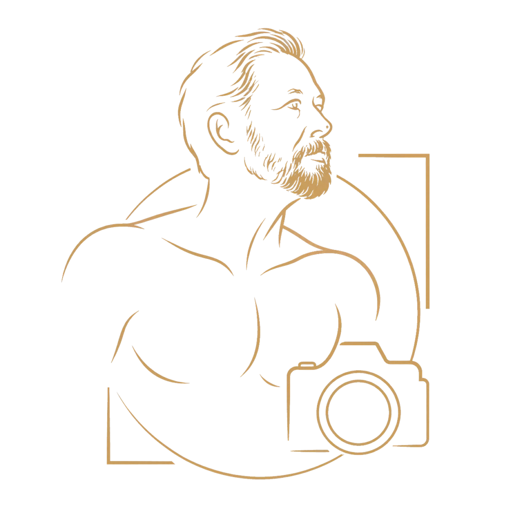 Gold line-art icon of a thoughtful male figure with a camera and abstract idea symbols, representing conceptual photography.