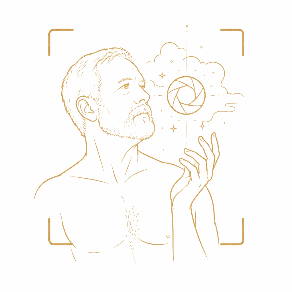 Gold line-art illustration of a mature bearded man gazing toward a floating camera aperture symbol, representing conceptual photography and creative vision.