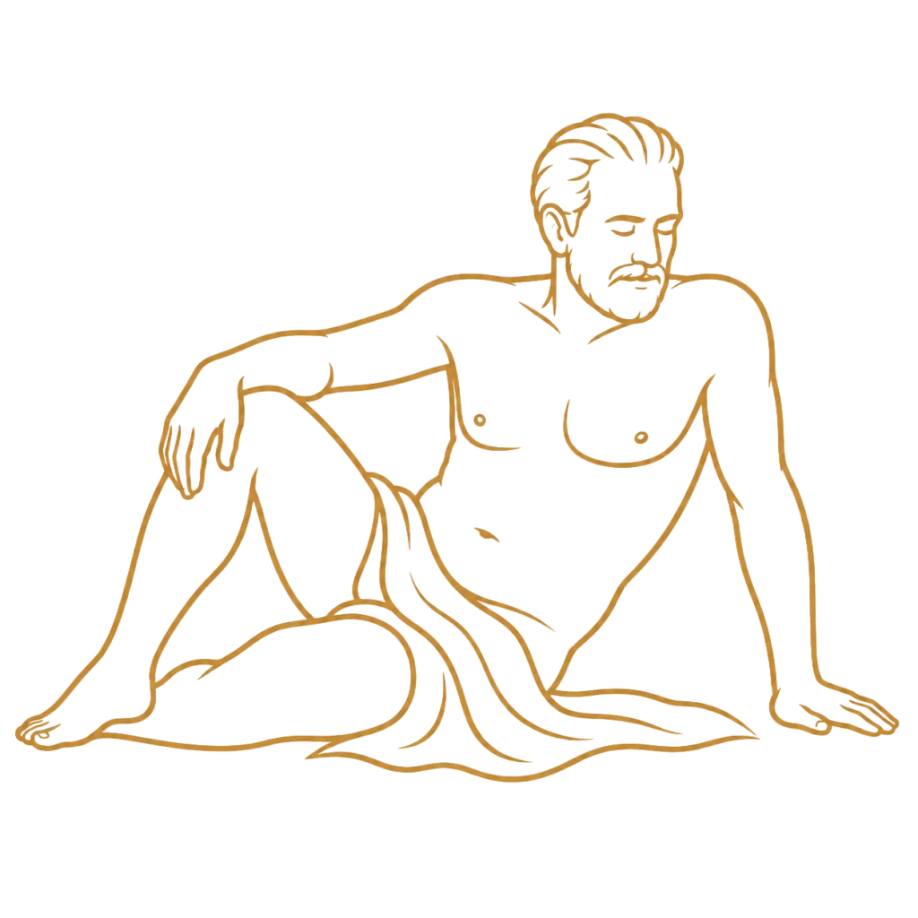 Gold line-art icon of a reclining fine art figure with draped fabric on a transparent background.