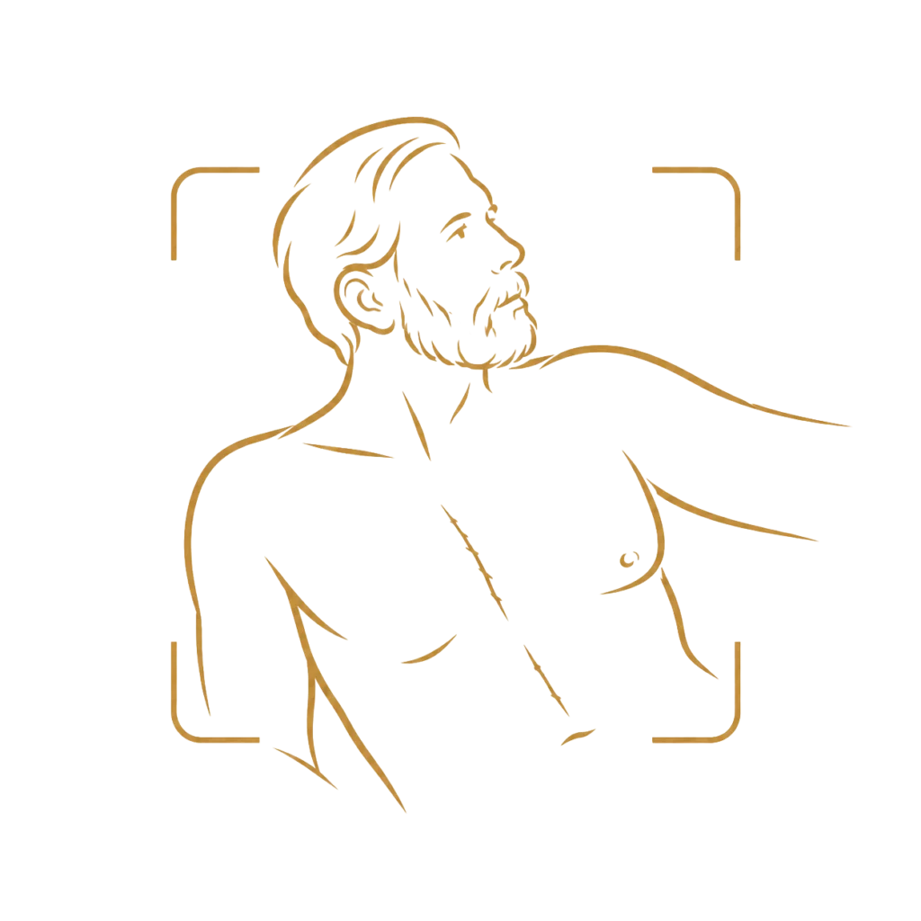 Gold line-art icon of a mature male figure posed within a camera frame, representing fine art figure photography.