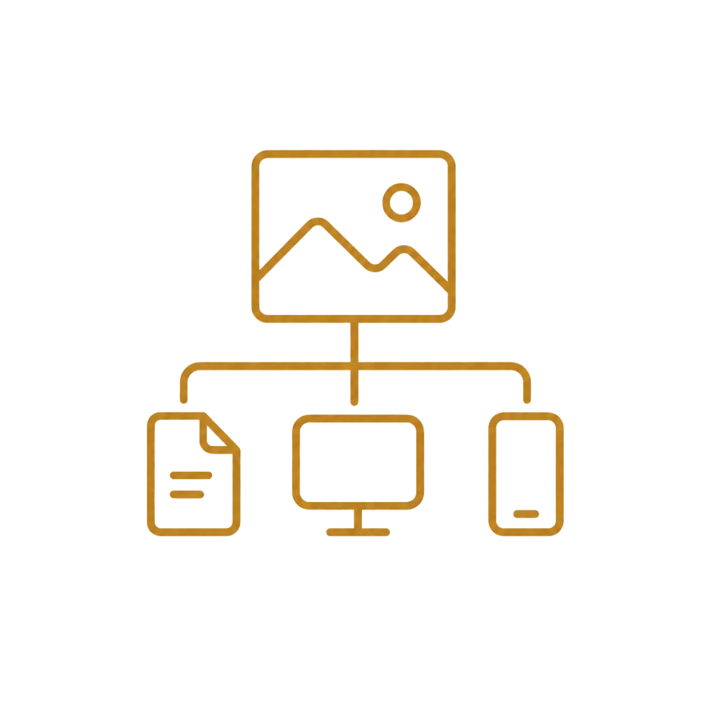 Abstract gold line icon showing an image connected to document, desktop, and mobile output formats on a transparent background.