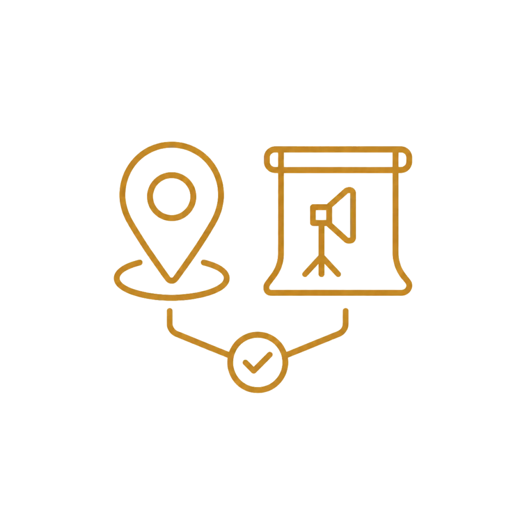 Abstract gold line icon showing a location pin and a studio backdrop connected by a selection symbol on a transparent background.