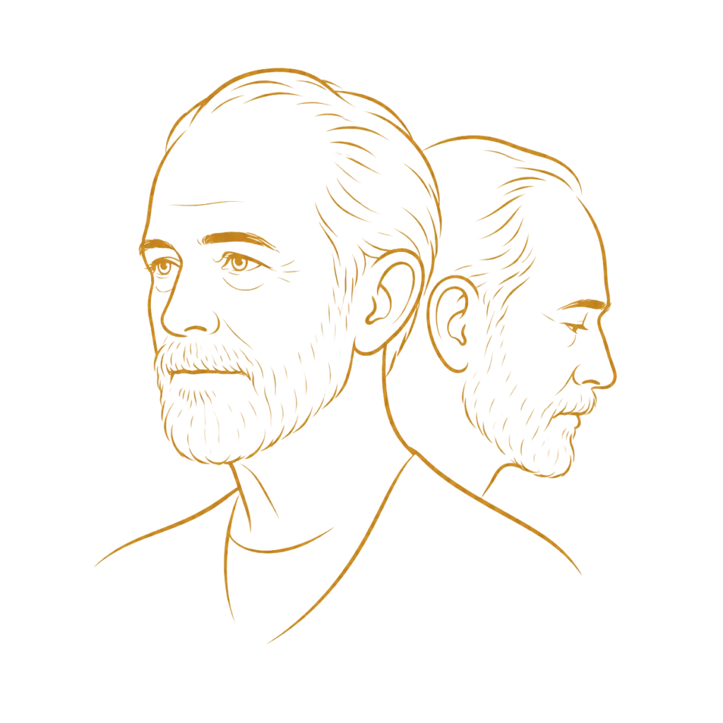 Gold line-art icon showing two male portrait profiles with beard detail, representing portrait and character work.