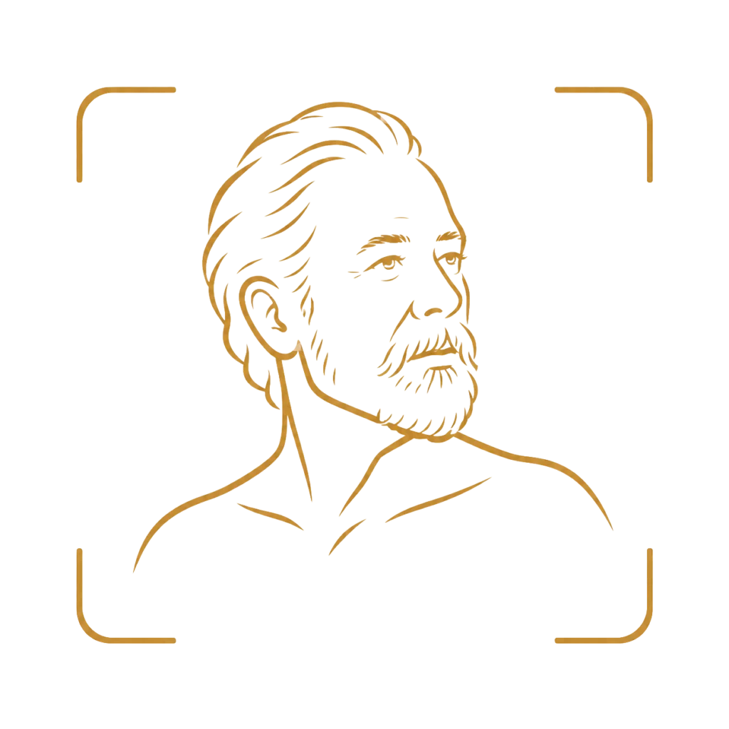 Gold line-art portrait icon of an older bearded man with swept-back hair, representing portrait photography.