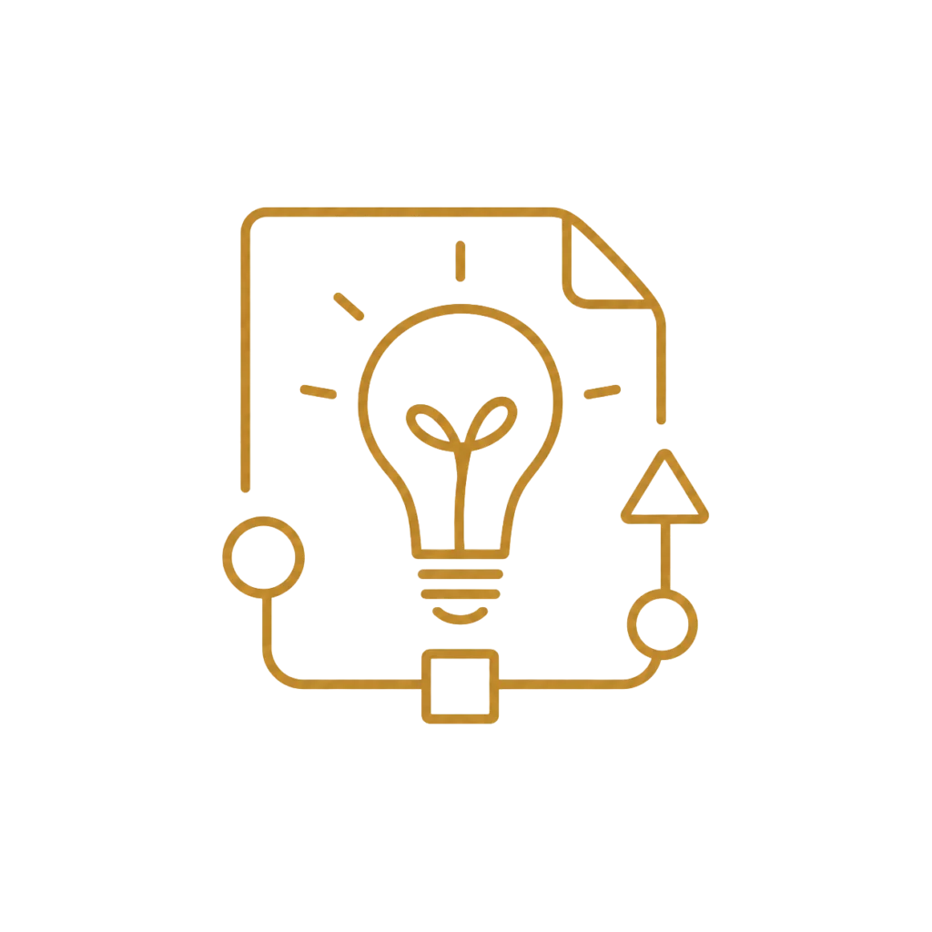 Abstract gold line icon showing a lightbulb inside a project concept diagram on a transparent background.