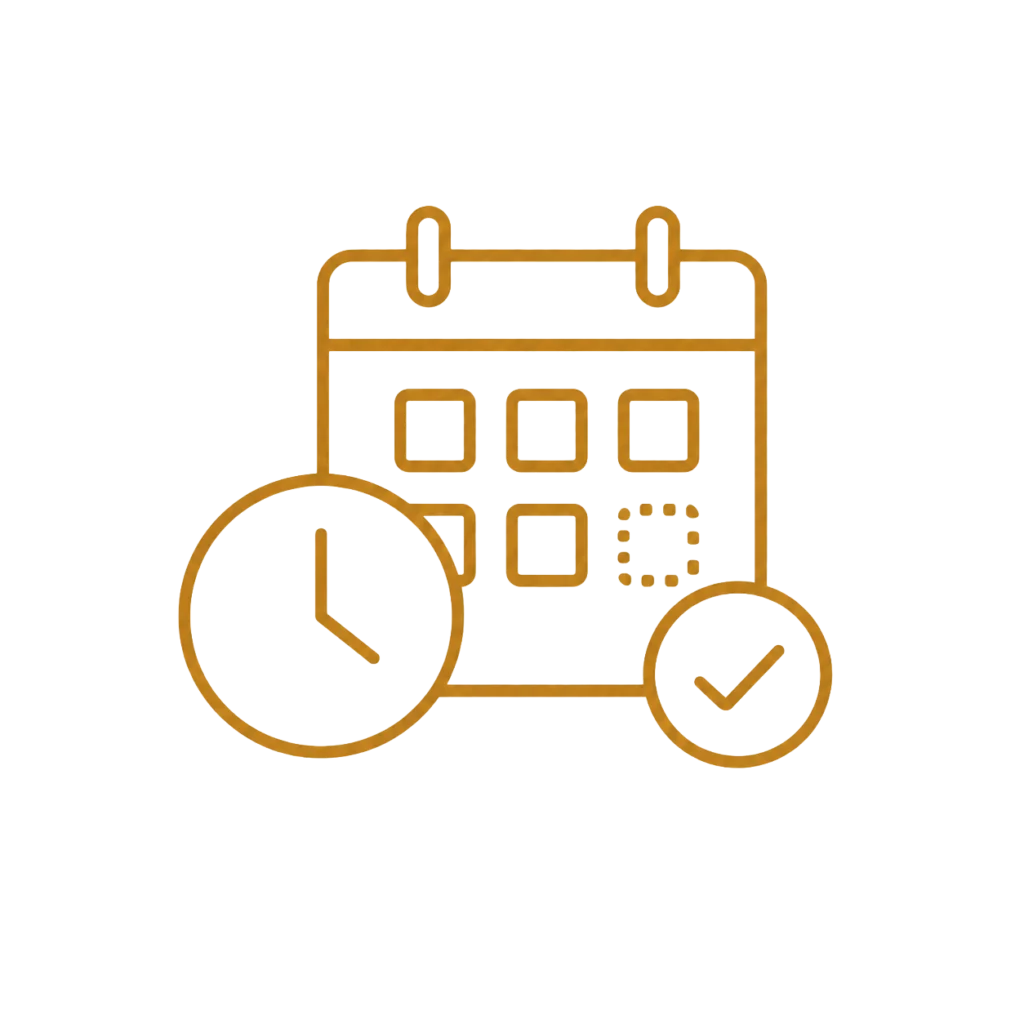 Abstract gold line icon showing a calendar, clock, and checkmark on a transparent background.
