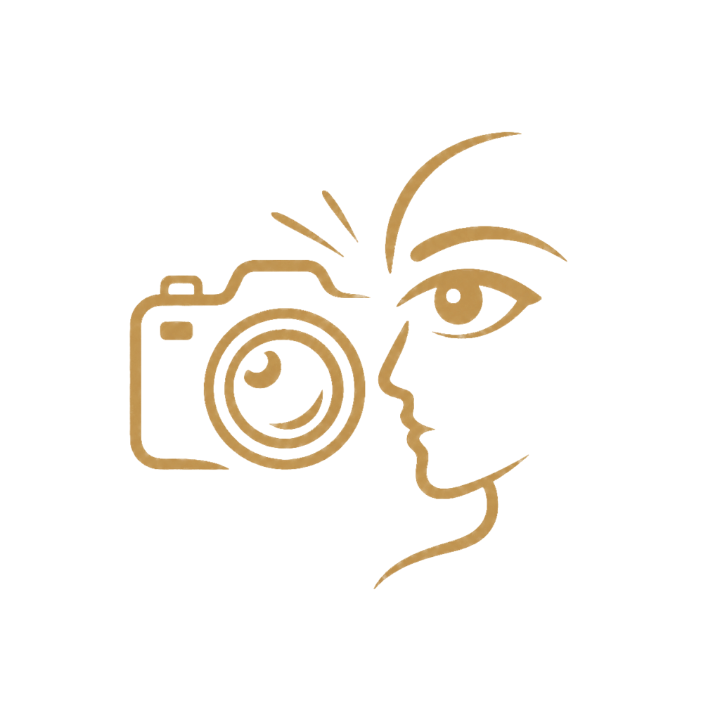 Gold line-art icon showing a camera beside a human face and eye, representing camera awareness for modeling.